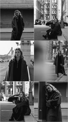 black and white photo collage of woman sitting on the sidewalk in front of buildings