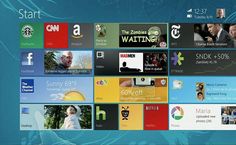 the windows 8 start screen is shown with many different logos and icons on it's side