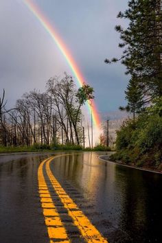 a rainbow appears in the sky over a wet road with trees on both sides and a yellow line painted across the street