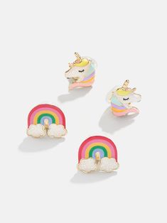 A reminder of all of their favorite things, the Rainbows and Unicorns Kids' Earring Set is sure to make them smile. This set comes complete with one set of unicorn earrings and one set of rainbow earrings. Please note: intended for children 3+ Kid Earrings, Unicorn Hair Clip, Unicorn Things, Kids Studs, Ballerina Kids, Rainbows And Unicorns, Earrings For Kids, Earrings Kids, Kids Jewellery