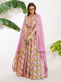 Multicolored Summer Print Lehenga Set (Set of 3) By Devyani Malhotra now available at Trendroots Summer Lehenga, Shell Tassels, Print Lehenga, Chanderi Dupatta, Open Blouse, Gota Work, Flower Motifs, Summer Prints, Lace Hem