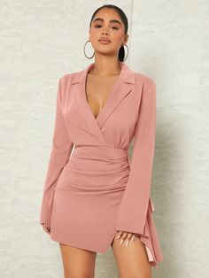 Elegance Redefined: Lapel Collar Ruched Split Hem Dress Dust Pink Dress, Mode Purple, Dust Pink, Split Hem Dress, Traje Casual, Extra Long Sleeves, Dress Dusty, Orange Fashion, Dress For Short Women