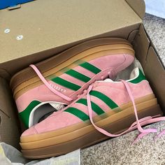 Adidas Bold Gazelle In True Pink With Green Stripes. New With Tags! Did Not Fit Me. My Loss Is Your Win. Platform Sneakers. Adidas Custom Pink High-top Sneakers, Adidas Pink High-top Custom Sneakers, Pink Adidas Custom High-top Sneakers, Adidas Casual Custom Pink Sneakers, Custom Pink Sneakers With Contrast Sole, Casual Pink Adidas Custom Sneakers, Pink And Green Sambas, Custom Pink Sneakers With Rubber Sole, Pink Gum Sole Custom Sneakers