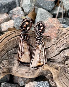 These exquisite Indonesian Petrified Wood Earrings blend ancient natural beauty with contemporary design. Crafted with petrified wood from Indonesia and framed in copper, these earrings offer a unique and stylish touch to your jewelry collection. Designed with hypoallergenic ear wires, they are perfect for those with sensitive skin. Artisan Copper Wire Drop Earrings, Copper Wire Dangle Earrings As Gift, Nature-inspired Copper Earrings As Gift, Artisan Hypoallergenic Teardrop Earrings, Artisan Teardrop Hypoallergenic Earrings, Unique Hypoallergenic Drop Earrings, Copper Wire Drop Earrings With Matching Set, Nature-inspired Hypoallergenic Dangle Earrings, Nickel-free Copper Wire Earrings As Gift