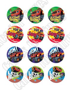 the blaze squad stickers are all different colors and sizes, including one with an orange truck