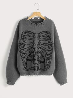 Grey Casual Collar Long Sleeve Fabric Halloween Pullovers Embellished Non-Stretch  Women Knitwear Emo Clothes Women, Where To Buy Emo Clothes, Goth Sweaters, Grunge Sweaters, Sweaters Aesthetic, Sweater Grunge, Romwe Sweater, Punk Skeleton, Skeleton Pattern