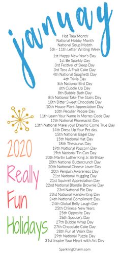 an image of a poster with the words, january 2020 really fun holidays on it