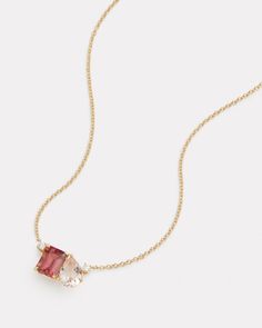 18K Yellow Gold Pink Tourmaline Emerald Cut and Morganite Pear Shape Pendant Necklace with Diamonds, .13 TCW 16 Inches, Pendant is 3/4 Inch Long x 1/2 Inch Wide  Style# YNEPPTMNW Pear Shape Pendant, Pear Shaped Pendant, Morganite, Pink Tourmaline, Pear Shape, Emerald Cut, Pear Shaped, Tourmaline, 4 Inch