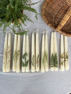 six candles with green leaves on them sitting next to a basket and fern leaf decoration