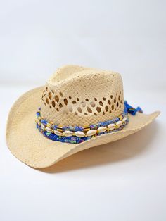 Coastal Cowgirl Natural Straw Hat - Blue - Serei Swim Cowgirl Straw Hat, Braided Fabric, Cowrie Shells, Cowgirl Hat, Coastal Cowgirl, Cowgirl Hats, Cowrie Shell, Day At The Beach, Hat Band