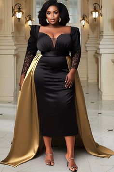 Wedding Season 2024 Formal Plus Size Wedding Guest Dress, Plus Size Black And Gold Dress, Masquerade Dress Plus Size, Black Dresses To Wear To A Wedding, Black And Gold Wedding Guest Outfit, Satin Dress Design Evening Gowns, Plus Size Gold Dress Formal, Plus Size Black Tie Event Dresses Formal, Plus Size Wedding Outfits For Guest