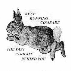 a black and white drawing of a rabbit with words on it that read keep running comrades the past is right behind you