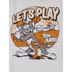 Let's Play! The Tom & Jerry fan apparel tee features a big, colorful graphic that has been professionally printed to ensure long-lasting print quality. The Tom and Jerry classic cartoon character tee is classic white, and includes short sleeves for style and comfort in any weather. The Tom & Jerry character fan apparel t-shirt is made of 100% preshrunk cotton. It can be machine washed in cold water with like colors, then tumble dried for easy care. This cat and mouse Let's Play! t-shirt is an of Pop Culture T-shirt For Fan Conventions, Retro Character Print T-shirt For Fan Conventions, White Sublimation Character Print For Fan Merchandise, Casual Tops With Graphic Print For Comic-con, Casual Comic-con Graphic Print Top, Casual Graphic Print Tops For Comic-con, Pop Culture Graphic T-shirt For Fan Conventions, Graphic Print T-shirt For Fan Conventions, Pop Culture Graphic Print Tops For Fan Conventions