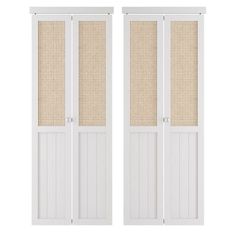 two white doors with woven panels on the side and one closed up to allow privacy