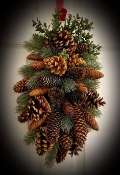 a bunch of pine cones hanging on a wall