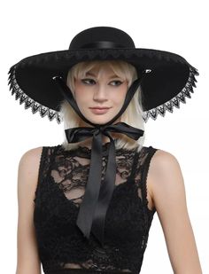 Black Lace Trim Floppy Hat Goth Summer Hat, Goth Hats, Hair Styles With Hats, Goth Hat, Summer Goth Outfits, Gothic Summer, Black Floppy Hat, Vampire Fashion, Black Straw Hat