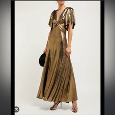 New With Tags Gold V-neck Midi Dress For Evening, Chic Gold Maxi Dress, Gold Floor-length Midi Dress For Evening, Elegant Gold Maxi Dress For Cocktail, Luxury A-line Dresses For Dinner, Chic Gold Maxi Length Evening Dress, Luxury Gold Maxi Dress For Cocktail, Luxury Gold Midi Dress For Evening, Elegant Gold Maxi Dress For Evening