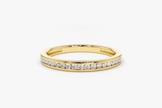 "Channel Set Diamond Wedding Band / 14k Channel Set Diamond Ring 2.25MM / Half Eternity Stackable Ring / Diamond Wedding Ring Ferko's Fine Jewelry Features ✔Made to Order ✔Gold Kt: 14K (also available in 18K) ✔Available Gold Color: Rose Gold, Yellow Gold, White Gold ✔Width of Band: 2.25 MM ✔Round Diamond: 23 pc 1.5MM ✔Total CTW: 0.32 ✔ Diamond Quality: G Color SI Clarity If you have any additional questions about this ring, just hit the \"Ask a Question\" button (just to the right of the price) Channel Set Diamond Ring, Channel Set Wedding Band, Channel Set Rings, Stackable Diamond Rings, Gold Armband, Diamond Wedding Ring, Jewelry Images, Platinum Metal, Rose Gold Metal