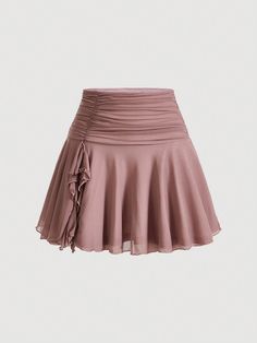 Solid Ruched Ruffle Hem Skirt Dusty Pink Casual   Knitted Fabric Plain A Line,Flared Medium Stretch  Women Clothing, size features are:Bust: ,Length: ,Sleeve Length: Cute Medium Skirts, Cheap White Y2k Style Skort, Luxury Bottoms With Pleated Waist And Flowy Skirt, Images Of Skirts, Ruffles Skirt Pattern, Png Clothes Skirts, Pink Pirate Skirt, Yoke Waist Skirt, Tie Up Skirts