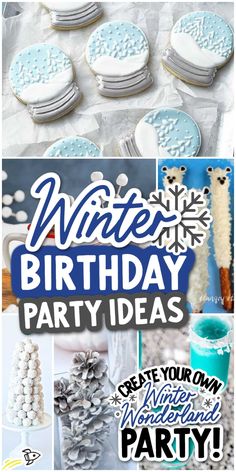 winter birthday party ideas with snowflakes, cookies and desserts on the table