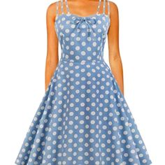 Brand New, Never Worn. Light Blue Polka Dot Cami Strap 1950's Vintage Dress. Size 12-14, Bust 39.4, Waist 32.3 Sweetheart Neck, High Waist, Front Bow Knot Tie, Triple Strap. Cotton Sundress With Tie Straps, Mini Length, Multicolor A-line Sundress Sleeveless, Blue Knee-length Plaid Summer Dress, 1950 Vintage Dresses, Vintage Sleeveless Plaid Cotton Dress, Knee-length Gingham Plaid Summer Dress, Knot Tie, Bow Knot, Blue Polka Dots