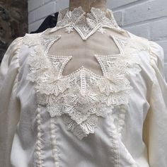 "Beautiful 80s wedding dress. Ivory synthetic textured fabric with synthetic lace trim. Lovely Victorian / Edwardian  style sleeves and bustle. High neckline.Roughly size small or size 8 Measured flat Chest 18\" Waist 12\" Pit to waist 8\" Pit to hem 40\" Skirt length 32\"" 80s Wedding Dress, 1980s Wedding Dress, Pleated Wedding Dresses, Wedding Dresses 60s, 80s Wedding, Wedding Dress Photoshoot, Ivory Bridal Gown, Wedding Shoes Vintage, Wedding Dress Ivory