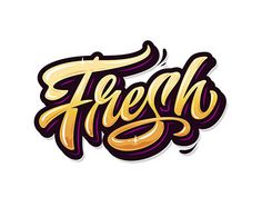 the word fresh is written in gold and purple with an artistic flair to it's lettering