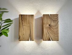 two wooden square lights on a white wall next to a potted plant in the corner