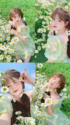 four photos of a woman in green dress sitting on grass with daisies around her