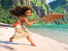 the animated character moan is running on the beach with a paddle in her hand and an island in the background