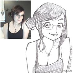 a drawing of a woman wearing glasses and a tank top