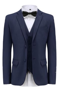 Bring understated elegance to the table in this three-piece suit crafted from rich fabric in a classic single-breasted silhouette. Jacket has notched lapels; chest welt pocket; front flap pockets Vest has front button closure; V-neck Pants have zip fly with button closure; front slant pockets; back button-welt pockets Jacket and vest are lined; trousers are lined to the knee 65% polyester, 35% viscose Dry clean Imported Each suit has a 6” drop, meaning that a size 38R jacket is paired with size Slim Fit Single Breasted Set With Notch Lapel, Slim Fit Three-piece Suit With Welt Pockets, Semi-formal Slim Fit Single Breasted Three-piece Suit, Slim Fit Single-breasted Three-piece Suit, Formal Tuxedo Three-piece Suit With Pockets, Tuxedo Style Three-piece Suit With Pockets, Tuxedo Style Three-piece Suit, Fitted Three-piece Tuxedo Suit With Pockets, Fitted Single Breasted Three-piece Suit With Notch Lapel