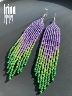 Violet Seed Bead Earrings Green Beaded Earrings Gradient Czech | Etsy Ukraine Purple Beaded Fringe Drop Earrings, Bohemian Purple Earrings With Tiny Beads, Lavender Beaded Drop Earrings, Purple Beaded Fringe Earrings For Gift, Bohemian Lavender Beaded Dangle Earrings, Lavender Drop Beaded Earrings, Purple Jewelry With Beaded Fringe And Round Beads, Purple Beaded Dangle Earrings With Tiny Beads, Lavender Beaded Dangle Earrings