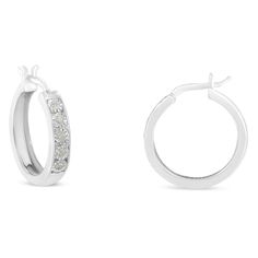 Elegant and timeless, these gorgeous sterling silver diamond hoop earrings feature 0.10 carat total weight of round diamonds. Each circle shaped earring is set with five stones in illusion settings. The ten round diamonds are each set in the center of a miracle plate mounting that amplifies & reflects the natural beauty of the stone. The gems in this set are natural, earth mined I-J color diamonds. These genuine stones are graded at I3 clarity, which is at the lower end of the diamond clarity gr Circle Diamond, Bridal Bands, A Miracle, Diamond Hoop Earrings, Bracelet Collection, Full Circle, Fine Earrings, Earrings Collection, Belleza Natural