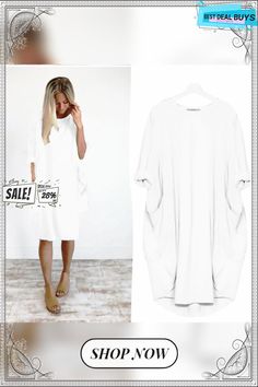 Women's Casual Loose Pocket Long-sleeved Plus-size Dress Solid Color Summer Dresses With 3/4 Sleeves, Summer Dresses With 3/4 Sleeves In Solid Color, Casual Solid Color Dress With 3/4 Sleeves, Casual Solid Color 3/4 Sleeve Dress, Casual Solid Color Dresses With 3/4 Sleeves, Casual 3/4 Sleeve Solid Color Dress, Casual Flowy Midi Dress With Half Sleeves, White Long Sleeve Shift Midi Dress, White Long Sleeve Plain Dress