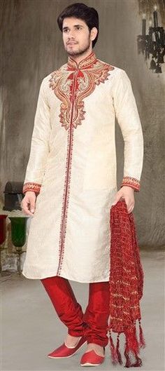 Beige and Brown color Kurta Pyjamas in Art Silk fabric with Cut Dana, Embroidered, Patch, Stone work Multicolor Sherwani With Resham Embroidery In Chanderi Fabric, White Chanderi Sherwani For Puja, White Traditional Drape Sherwani For Puja, Multicolor Sherwani With Pallu For Puja, White Sherwani With Traditional Patterns, Traditional White Art Silk Sherwani, White Sherwani With Traditional Patterns For Ceremonies, White Sherwani With Traditional Patterns For Festive Occasions, Cotton Sherwani With Dupatta For Festivals