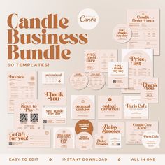 a bunch of business cards and flyers on a white background with orange lettering that reads candle business bundle 60 templates