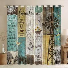 an image of a shower curtain with farm life on it and windmills in the background