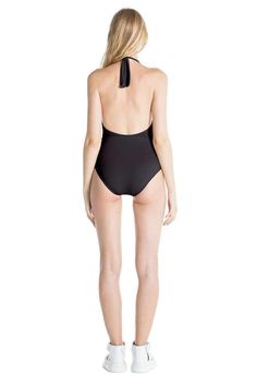 Marina halter one piece swimsuit in black Sleek Low Back Swimwear For The Beach, Elegant Halter Top For Poolside, Sleek Swimwear With Low Back For Swimming, Sleek Backless Swimwear With Lined Body, Elegant Party Swimwear With Built-in Bra, Elegant Halter Neck Top For Poolside, Chic Halter Neck Bodysuit In Elastane, Elegant Halter Neck Swimwear With Built-in Bra, Sleek Backless Swimwear