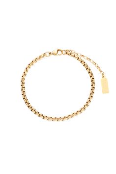 Jaxon, the bracelet you didn't know you needed. Its sleek, simple design making it the perfect everyday bracelet. Featuring an extension chain for adjustability and our signature 33mm logo tag. Made with 14k gold PVD plated stainless steel, it's waterproof and tarnish-free, so it will stay beautiful wear after wear. Modern Gold Chain Bracelet For Everyday, Trendy Stainless Steel Bracelets For Everyday, Trendy Stainless Steel Bracelet For Everyday, Modern Everyday Gold Chain Bracelet, Trendy Everyday Stainless Steel Bracelets, Gold Minimalist Box Chain Bracelet, Modern Stainless Steel Bracelet With Gold Chain, Modern Everyday Gold Bracelet With Box Chain, Trendy Stainless Steel Bracelet With Adjustable Chain