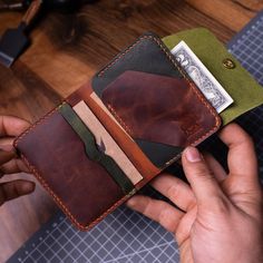 Give your loved one a leather wallet this year that will never get old and that they will love. ✖ FUNCTIONAL DESIGN This wallet has 4 card slots ( Compartments receive 2 cards ) The choice of those who love minimal wallets with their multiple foldable structures. The cash compartment can hold 10 banknotes When producing this wallet, I use the best quality crazy leather, linen thread, and brass rivets. Our wallets are delivered with a gift box. You can customize your wallet for you free of charge , you can add your first and last name to the notes. ! ✖  Dimensions: 10 x 8 cm ( 3.9 x 3.1 inch ) This minimal wallet can be easily carried in your front pocket, you can carry your cash thanks to its multiple foldable structure. ★ Your leather wallet will be sent with a gift leather key ring :) Wa Leather Wallet Design Men, Front Pocket Wallet Men, Wallet For Man, Foldable Structure, Leather Wallets For Men, Love Minimal, Leather Front Pocket Wallet, Leather Wallet Design, Personalized Leather Gifts