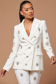 Verona Embellished Jacket - White | Fashion Nova, Luxe | Fashion Nova Embellished Blazer, Party Jackets, Embellished Jacket, Pantsuits For Women, African Print Fashion, Long Sleeve Blazers, Luxe Fashion, Suit Fashion, White Fashion