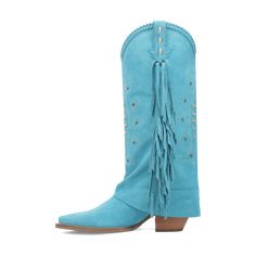 Take a walk on the wild side in the Spirit Trail boot. This 14-inch stylish fold-over boot is artfully designed, featuring fringe along the sides, detailed studs, and distinctive stitching. Crafted with soft-to-the-touch suede leather and cushioned comfort insole. With a snip toe and a 2 1/2-inch heel, this boot provides an elevated and stylish look for those seeking a touch of adventure in their footwear. Festival Leather Fringe Boots, Leather Fringe Boots For Rodeo, Western Suede Fringe Boots, Western Style Suede Boots With Fringe, Blue Leather Knee-high Boots For Fall, Blue Western Festival Boots, Western Style Blue Festival Boots, Blue Western Style Festival Boots, Fold Over Boots