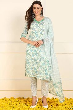 White & Blue Cotton Floral Print Straight Shape Suit Set with Dupatta Blue Floral Print Palazzo Set For Spring, Fitted Green Floral Print Palazzo Set, Spring Blue Floral Print Palazzo Set, Traditional Green Pant Set For Spring, Green Long Sleeve Anarkali Set With Floral Print, Green Anarkali Set With Floral Print And Long Sleeves, Green Floral Print Long Sleeve Anarkali Set, Green Festive Pant Set For Spring, Green V-neck Set For Diwali