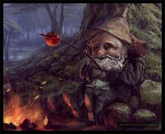 a painting of an old man sitting in front of a fire with a red apple on his stick