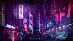 a city street filled with lots of neon signs and people walking down the street at night