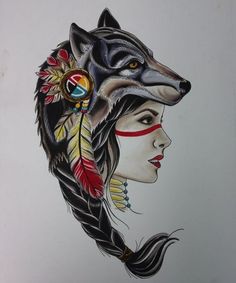 a drawing of a woman with a wolf's head and feathers on her head