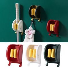 four pieces of wall mounted toilet paper dispenser in various colors and designs