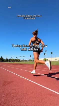 a woman running on a track with the words trying something new with adidas