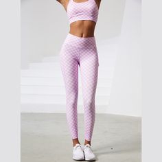 Pink Checkered Leggings | Daniki Limited Sporty Full-length Pink Yoga Pants, Sporty Full Length Pink Yoga Pants, Pink Full Length Yoga Pants, Pink Full-length Activewear For Gym, Pink Full Length Activewear For Gym, Pink Sportswear Tights For Yoga, Pink Yoga Activewear Pants, Pink Athleisure Pants For Yoga, Breathable High Stretch Bottoms For Loungewear